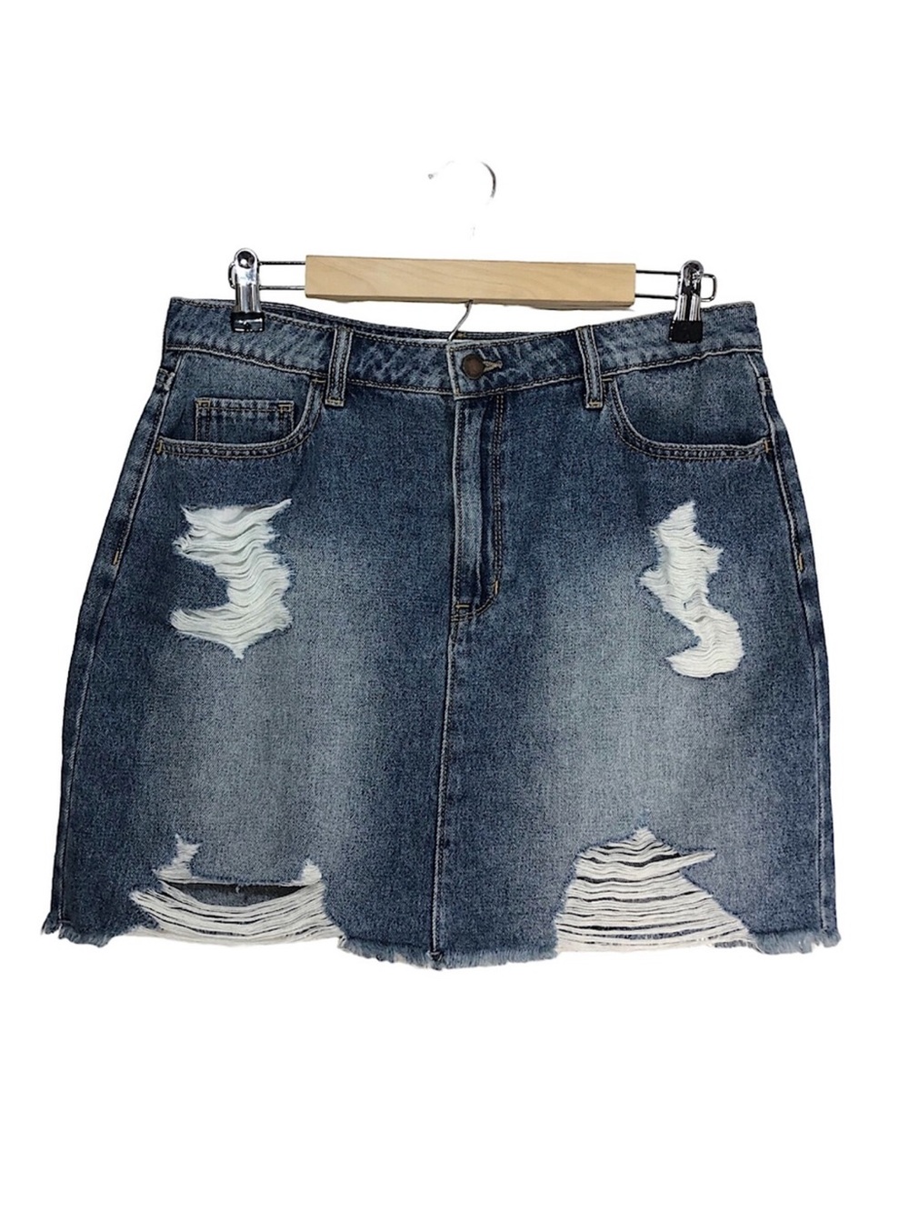 Hollister Ultra High Rise Distressed Ripped Raw Hem Denim Jean Skirt 13 - W31